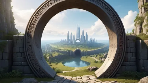 Prompt: circular portal, gateway between cities realms worlds kingdoms, ring standing on edge, freestanding ring, complete ring, panoramic view