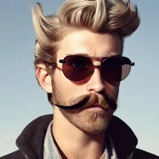 Prompt: Create a white man, long sunkissed blonde hairs, grey eyes and bearded with mustaches on face, height about 185 cm, add sunglasses 