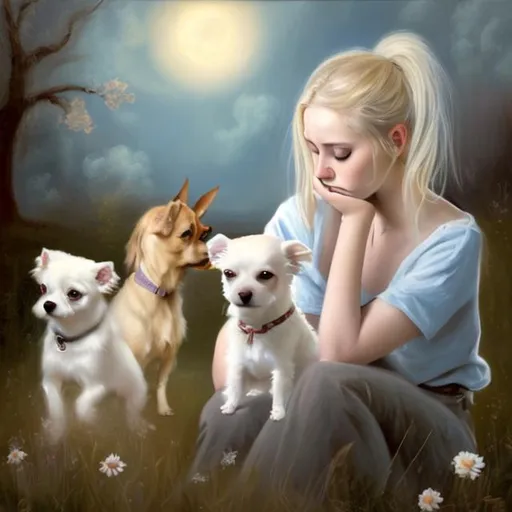 Prompt: dreamy painting of young blonde depressed struggling woman looking for hope with her two white chihuahuas