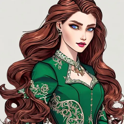 Prompt: Seraphina has auburn hair that cascades in gentle waves, framing a face with piercing emerald eyes that seem to miss nothing. She has a strong jawline. Seraphina dresses in fine, tailored suits adorned with embroidery and accessorizes with tasteful jewelry