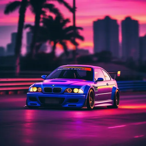 Prompt: 2001 BMW M3 E46 GTR, synthwave, aesthetic cyberpunk, miami, highway, dusk, neon lights, coastal highway, dusk, neon lights, coastal highway, sunset, drift, nurburgring