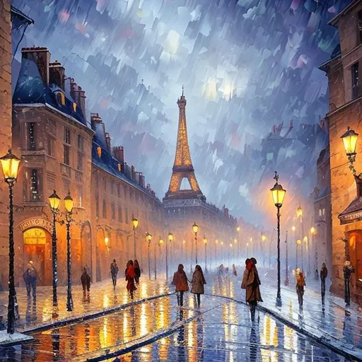 Prompt: Beautiful magical Old french city of paris, street view, oil painting, concept art, light snow, happy people