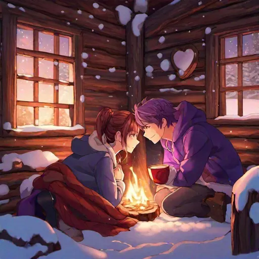 Prompt: there's nothing in this world that can express how much i love you, glow, love, hearts, anime boy(with brown hair) and girl(with purple hair) couple inside a log cabin snuggled up together in front of a log fire trying to keep warm, wrapped in blankets with hot coco besides them, white, silvery snow outside 