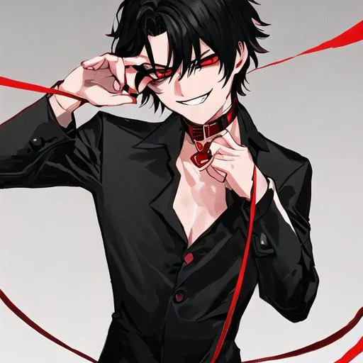 Prompt: Damien  (male, short black hair, red eyes) wearing a collar and holding a leash pulling on it. grinning seductively 
