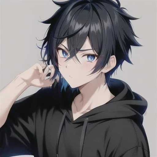 anime boy with blue eyes and black hair staring at the camera