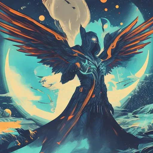 Prompt: Umbra Antihero, White, Blue, Orange, Yellow, Night sky with Moon and Stars, Neon signs in the background, Hyper realistic, Winged man in Quarter space