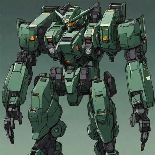 Prompt: a full figure, whole body, of a humanoid mecha. Angled legs. Two missile launcers. dark green and black. cockpit in the head. well draw head. detailed. Tomino art. anime art. anime style. 2d. 2d art.