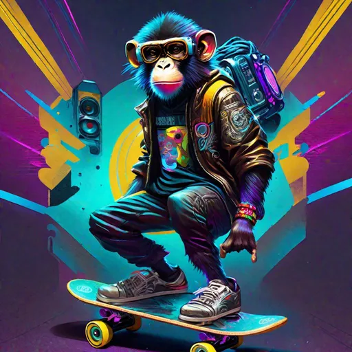Prompt: "a centered full body portrait of a cyberpunk monkey riding a skateboard holding a boombox wearing hip-hop streetwear clothes, Hyperrealistic, splash art, concept art, mid shot, intricately detailed, color depth, dramatic, 2/3 face angle, side light, colorful background"
