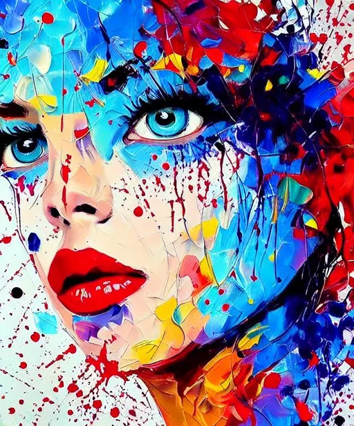 Prompt: stunning beautiful realistic , impressionism woman portrait, head and shoulder , blue eyes, pop art, full colors, abstract style, acrylic painting, palette knife, background paint with drop splatter, detailled,