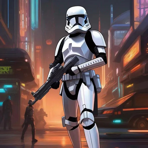 Prompt: Whole body, full figure. A first order stormtrooper in black armor. He wears mandalorian helmet. T-shaped visor. He wields a rifle. In background a scifi city. Star wars art. Rpg art. 2d art. 2d. 