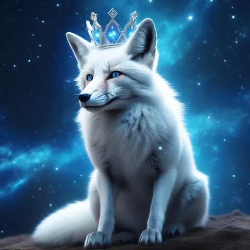 Prompt: a white and blue colored male fox that is decorated with a diamond crown and covered with a nebula he shines like a pearl and is bioluminescent and he is sitting like a royal king he is covered with a nebula and stars like a ring that is giving him a look of a royal king and is high resolution and shiny stable diffusion. Ultra HD AND 8K RESOLUTION AND A PERFECT IMAGE 