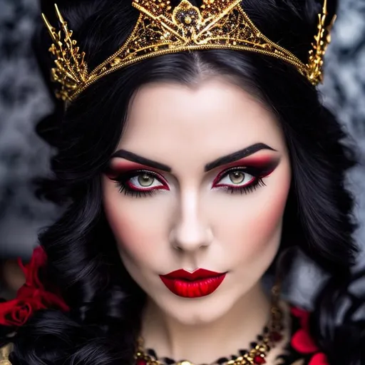 Prompt: a gorgeus gothic woman wearing a latex outfit, with red and gold details, a crown adorned on her head with gothic details, somber look, hoop earrings, well-designed mouth, red lipstick, blue eyes, straight and long hair, graceful curves, strong facial expression, folk/naïve: --ar 9:16 --quality 2 --s 750 --v 5.1