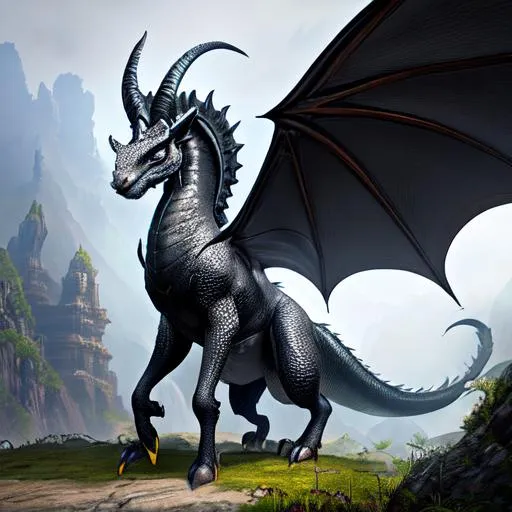 Prompt: Full-body detailed masterpiece, fantasy, high-res, 2D image, cell shaded, quality upscaled image, 4k, perfect composition; subject of this image is a bipedal female dragon, black scales, athletic body, detailed grey woman face, beautiful webbed ears, large detailed wings, complex ram horns, extreme detailed muscles, extreme detailed abs, c-cup