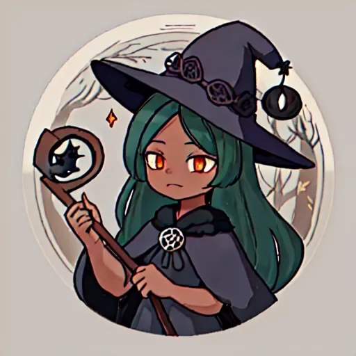 Prompt: Wood Witch, colors are Ebony, lacy witch hat and witch outfit ebony colored with wood and vine pattern, wand topped with a tree, best quality, masterpiece, background redwood forest
