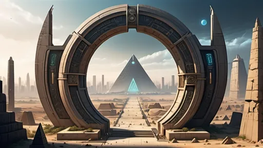 Prompt: small circular portal, small gateway between cities realms worlds kingdoms, small ring standing on edge, freestanding ring, hieroglyphs on ring, complete ring, obelisks, pyramids, futuristic towers, large wide-open city plaza, wide vista view, futuristic cyberpunk dystopian setting