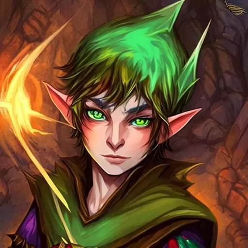 Prompt: Colorful dungeons and dragon elf long brown hair green eyes fireball