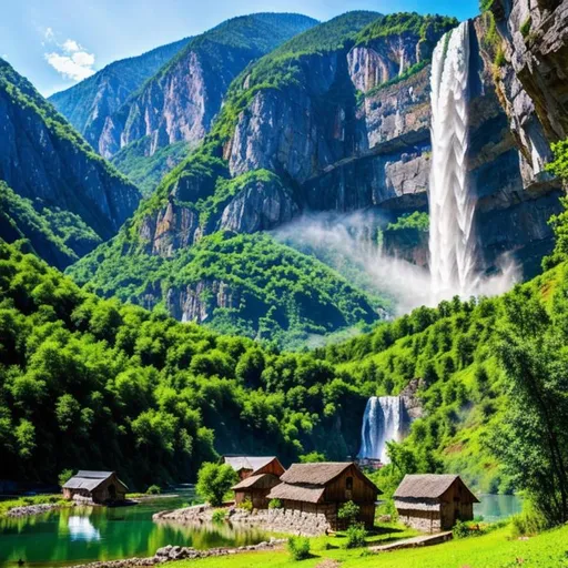 Prompt:  rural village with water fall and mountains , 4k, higher resolution, 