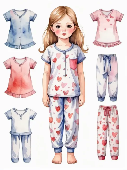 Prompt: young girl, children's clothing,  pajamas, a lot of details, high quality, fool body, standing straight, arms to the sides, paper doll, watercolor, several options, fashion design, 