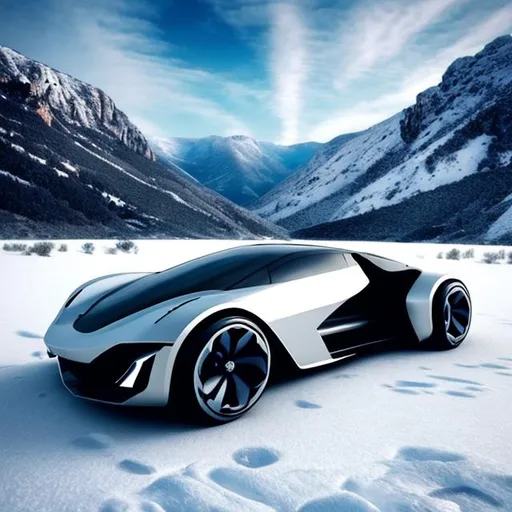 Prompt: Futuristic car between the snowy mountains and V.A.T written on the mountains in a beautiful way