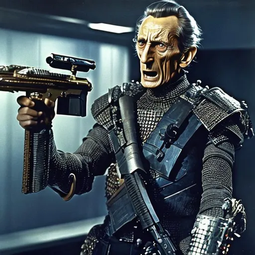 Prompt: Peter Cushing shouting angrily wearing an armored futuristic scifi military uniform and holding an advanced exotic shotgun in full color