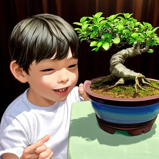 Prompt: little boy eighth birthday and the gift of a bonsai plant from his parents.