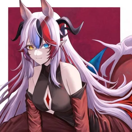 Prompt: Haley  (multi-color hair) (multi color eyes) (she has demon horns) (she has horse ears) (demon horns sit on the side of her horse ears) (red markings all over her body)