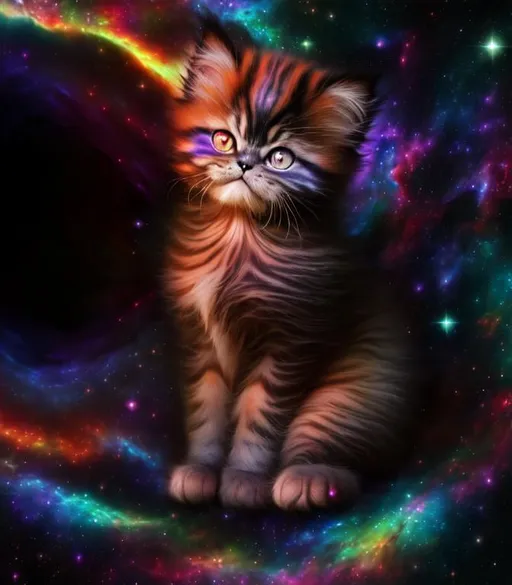 Prompt: Cosmic Epic Beautiful Nebula (Beautiful Melancholy {Furry!! Persian}Kitten plasma), hyper realistic,  expansive psychedelic background, hyper realistic, 8K --s99500