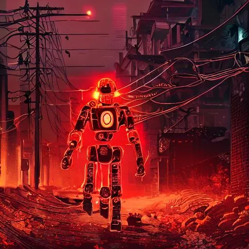 Prompt: Red cyberpunk warrior robot walking through fire and wires in an abandoned war zone town
