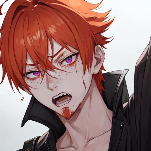 Prompt: Erikku male adult (short ginger hair, freckles, right eye blue left eye purple) UHD, 8K, Highly detailed, insane detail, best quality, high quality, covered in blood, covering his face with his hand, wide eyes, insane, fear, threatening, laughing, angry, fighting, psychopathic, anime style, fighting with a shotgun