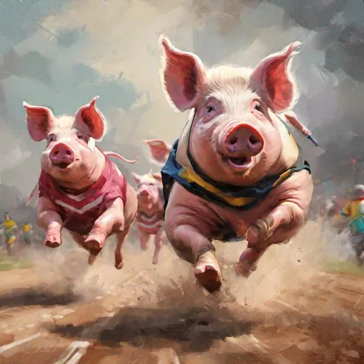 Prompt: painting style pigs running athletes