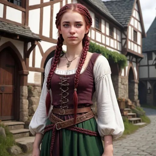 Prompt: Full body, Fantasy illustration of a 20 year old woman, maroon braids, medieval clothing, beautiful, exhausted gaze, sad smile, high quality, rpg-fantasy, detailed, medivial irish town