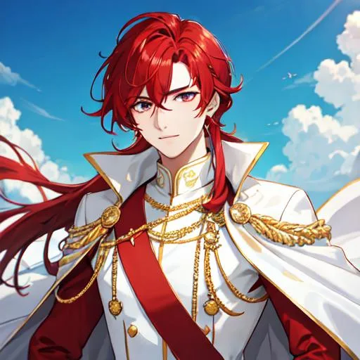 Prompt: Zerif 1male (Red side-swept hair covering his right eye) wearing a royal suit, white cape, 