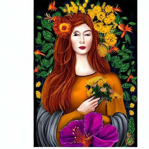 Prompt: auburn haired woman golden dress planting flowers with blackbirds black bird medieval madonna hibiscus art