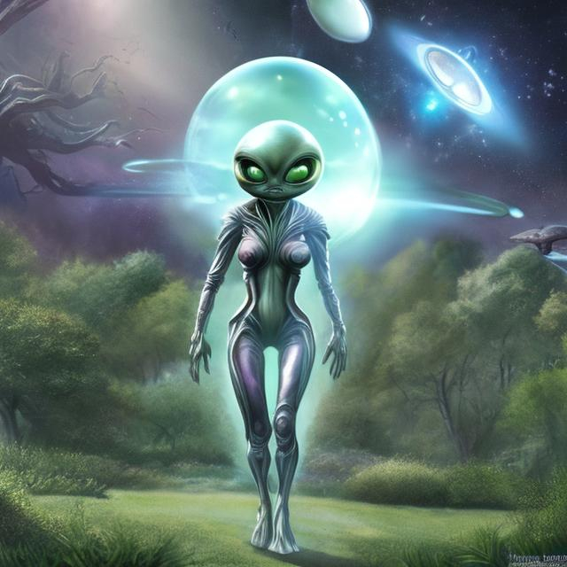 a hyper realistic fantasy style alien exiting a flying saucer and walking out onto a park The alien