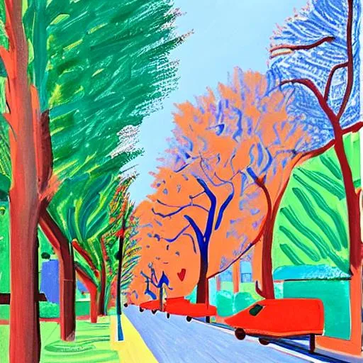 Prompt: Create a David Hockney style painting about the palisades neighborhood in Washington DC