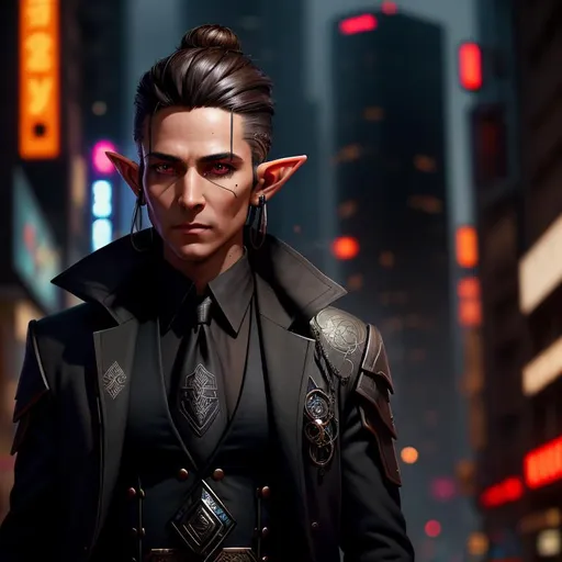 Prompt: male shadowrun elf, shadowrun shaman, dark hair, light brown eyes, small ears, wearing black tie suit, standing in a cyberpunk city street, cloudy smoke, fantasy cyberpunk, magic light aura, a faint ghost in the background, the elf is anxious, determined, detailed symmetrical face, perfect composition, intricately detailed, complementary colors, real, alive, real skin textures,