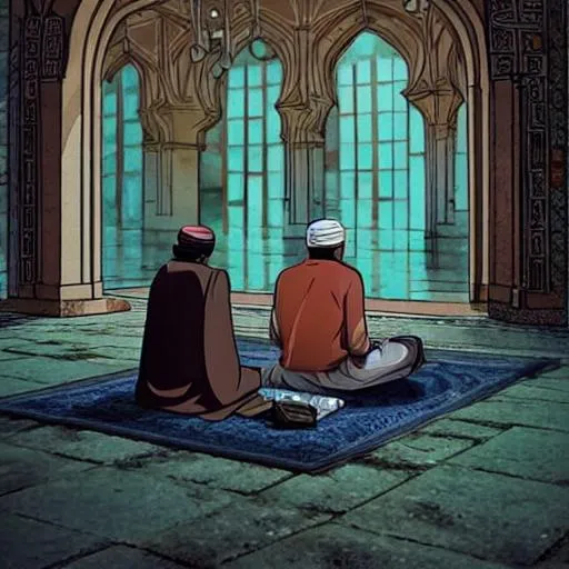 Prompt: Anime. Muslim Man sitting alone in mosque. Epic
