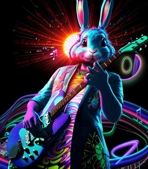 Prompt: 3D, HD, ({man}Rabbit as guitarist), musical notes, expansive psychedelic background, sunset, hyper realistic, 4K --s98500