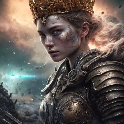 Prompt: create a photograph of beautiful fictional female with crown fighting in war, extremely, detailed environment, detailed background, planets an nebulae in sky highly detailed, intricate, detailed skin, natural colors , professionally color graded, photorealism, 8k, moody lighting