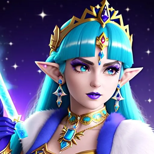 Prompt: Princess Zelda with ultradetailed large shiny blue lips, Blinding Heart Earrings, Blue Xtra Large Metal Ball Gown, Rainbow Sugar Gloves with Purple Fur, Glowing Blue eyes, Artisans Cut Gleaming Ice Cream Tiara. Pristine Green hair, confident facial expression, Full eyebrows with blue tint, Crocodile necklace, Wintry Aura, Black Armor Plated Shoulders, Cake Covered gold wand, Sharp Nails, Auroras in eye of hurricane. Blue Moon. High resolution, Realistic, Cold color scheme, high radiance.