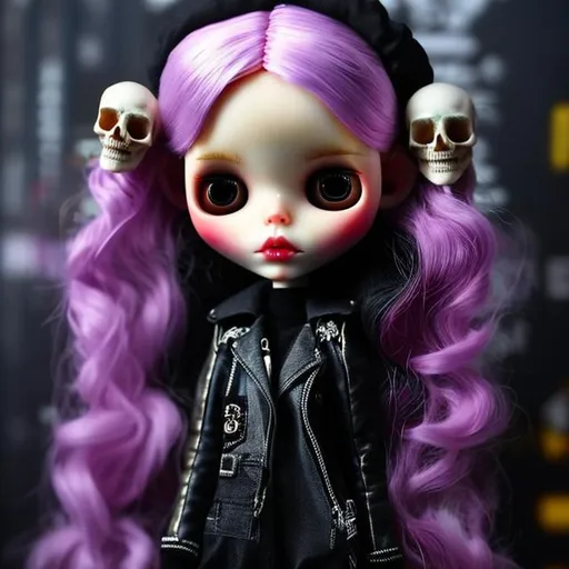 Prompt: Blythe doll with a goat skull on her head, with a dark cyberpunk background. Very hyperrealistic image.