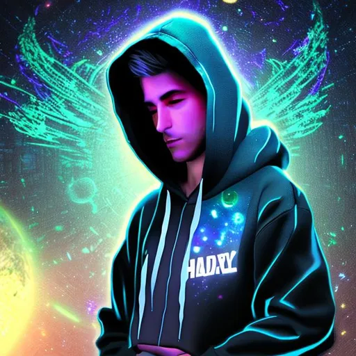 Prompt: Fantasy digital art of a hacker wearing a hoodie with universe in his face.