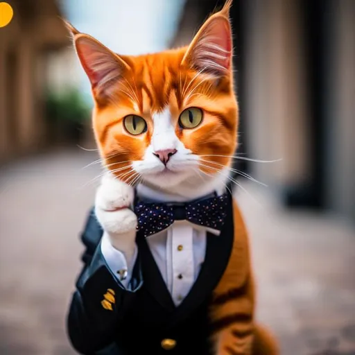 Prompt: cat shorthaired ginger colored fur, freckles, right eye blue left eye purple) 8K, UHD, best quality, wearing a tuxedo, a top hat, and a bow tie