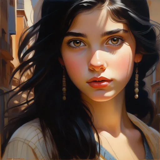 Prompt: Teenage Castizo girl, pale skin, black hair, dark brown eyes, in Montevideo, Uruguay, cartoony, cold atmosphere, extremely detailed painting by Greg Rutkowski and by Henry Justice Ford and by Steve Henderson