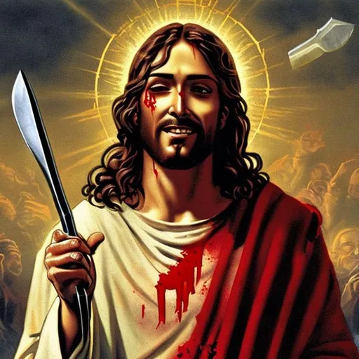 Prompt: Jesus with blood on him and a knife in his hand.
