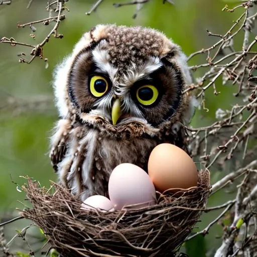 Prompt: baby owl holding a egg
