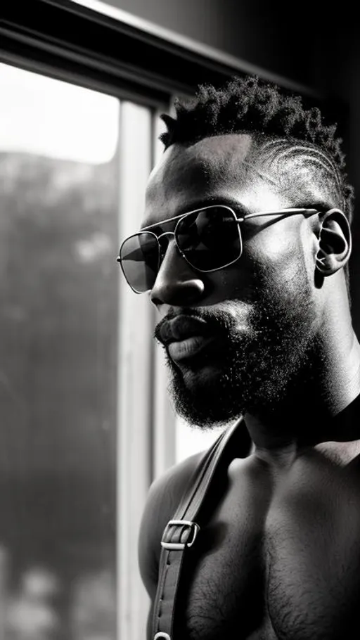 Prompt: Sensual, hairy chested, tattooed, shirtless african man, wearing sunglasses and a strapped leather harness, in an abandoned place near a window, cinematic, very close-up portrait, grayscale, hyperrealistic, hyperdetailed, ambient light, perfect composition, provocative, textured skin, high contrast, profile portrait, ultra HD.