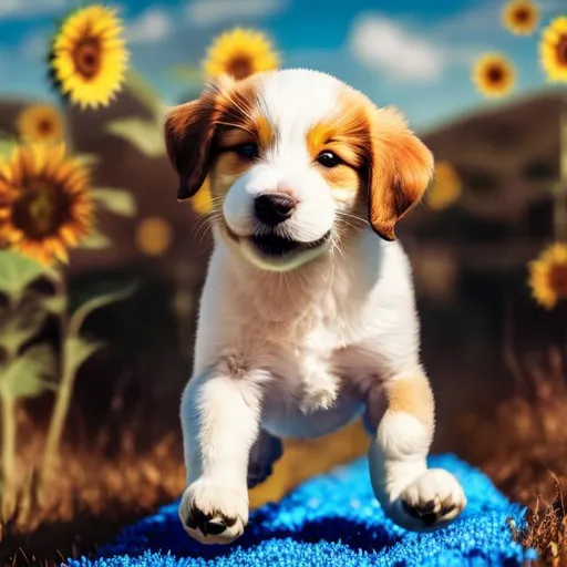 Prompt: little puppy running in the field of  blooming sunflowers with a blue shiny ball in his paw. Green grass and mountains and rivers