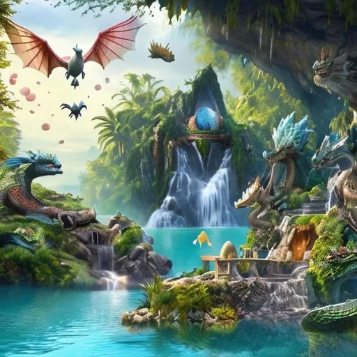 Prompt: Realistic Enchanted waterfall and lake with dragon eggs in nest birds flying various animals near lake