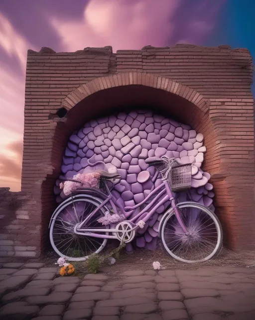 Prompt: A surreal dreamscape blending real world elements into abstract forms, with a crumbling brick wall transforming into a wave-like pattern, an old bicycle melted and twisted into a metallic flower shape, clouds forming geometric cubes in a purplish sky. Shot with a Fujifilm X-T4 mirrorless and 10-24mm ultra-wide angle lens. Uplifting pastel colors, softly blurred. 